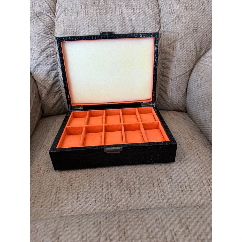 CosmoTime 10 Slot Watch Box Black Croc Embossed Orange Velvet Interior Organizer